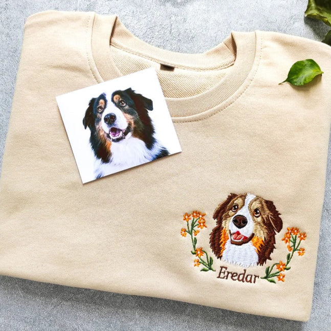 Custom Dog Portrait Embroidered Sweatshirt, Custom Pet Sweatshirt, Personalized Pet Face and Pet name Sweatshirt, Custom gift Dog Lover